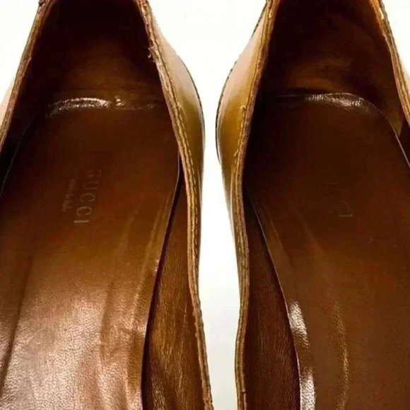 Gucci Brown Leather Gold Horsebit Chain Pointed Toe Kitten Heel Pumps Size 10 - Picture 10 of 15